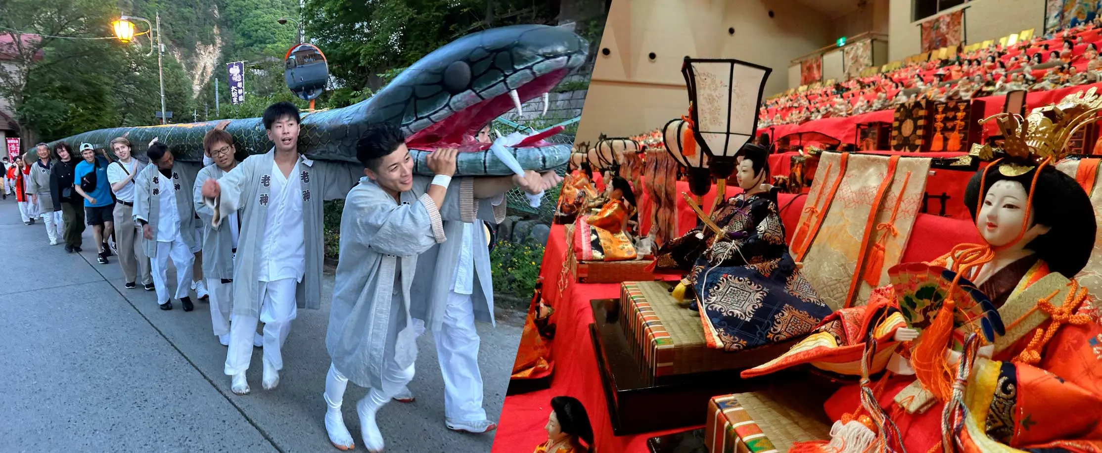 Experience traditional festivals through the Snake Shrine Carrying and Hinamatsuri Doll Display